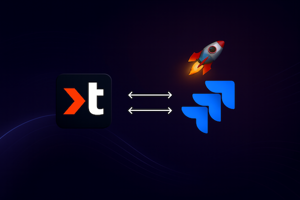 The Timebook logo linked to the Jira logo by a two-way arrow, a rocket lifting off beside them on a dark background