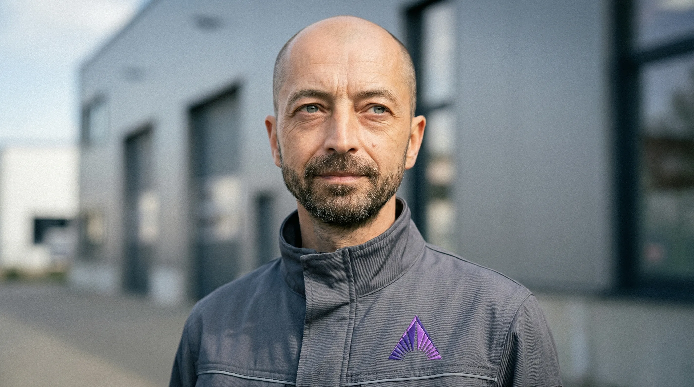 Zwei Umzugshelfer in blauen Overalls und roten T-Shirts tragen große Kartons eine Treppe hinauf, einer lächelt in die Kamera.