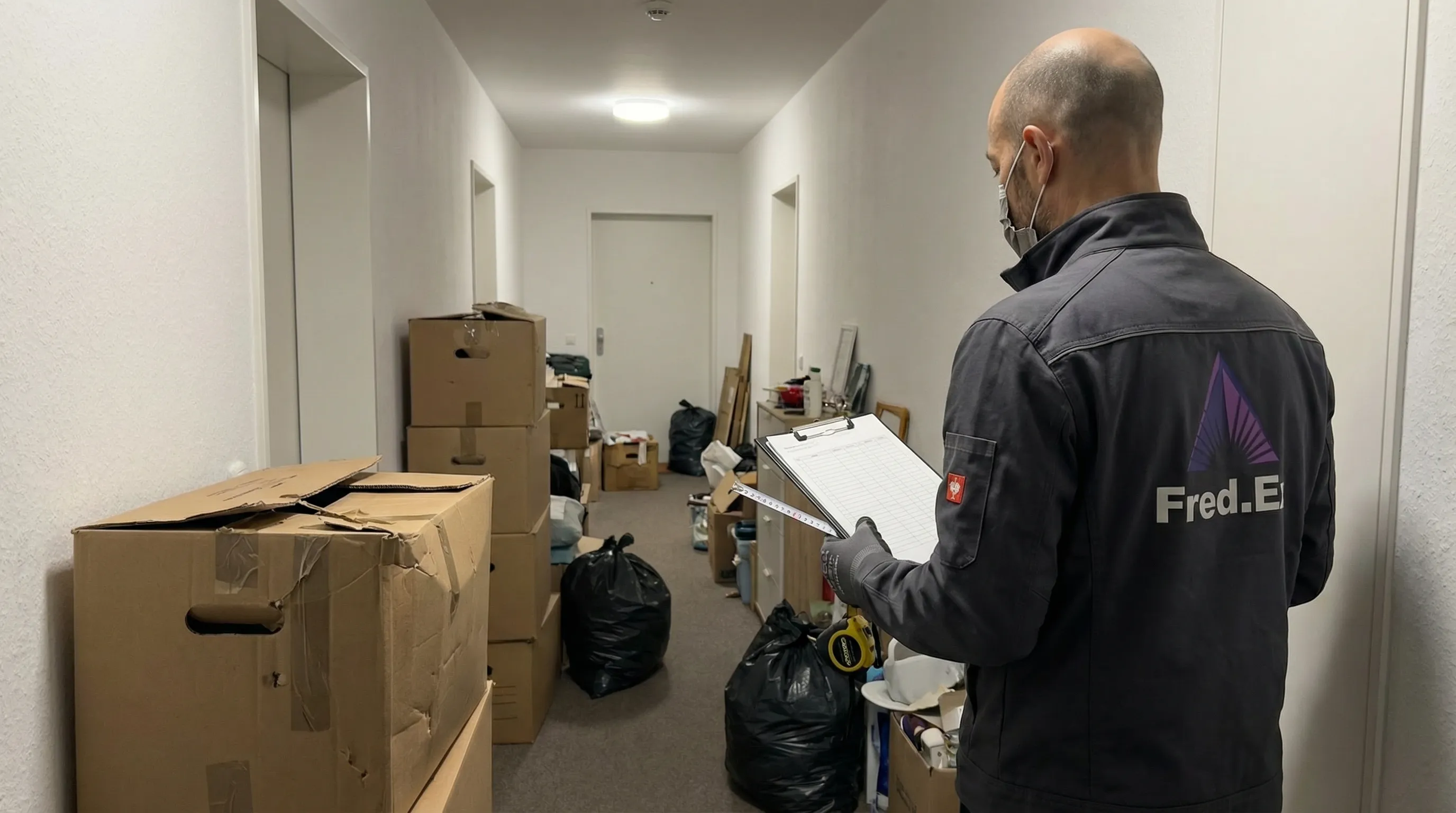 Weißer Lieferwagen mit geöffneten Türen und Kartons auf Bürgersteig, parkendes Fahrzeug vor einem Bürogebäude bei sonnigem Wetter.