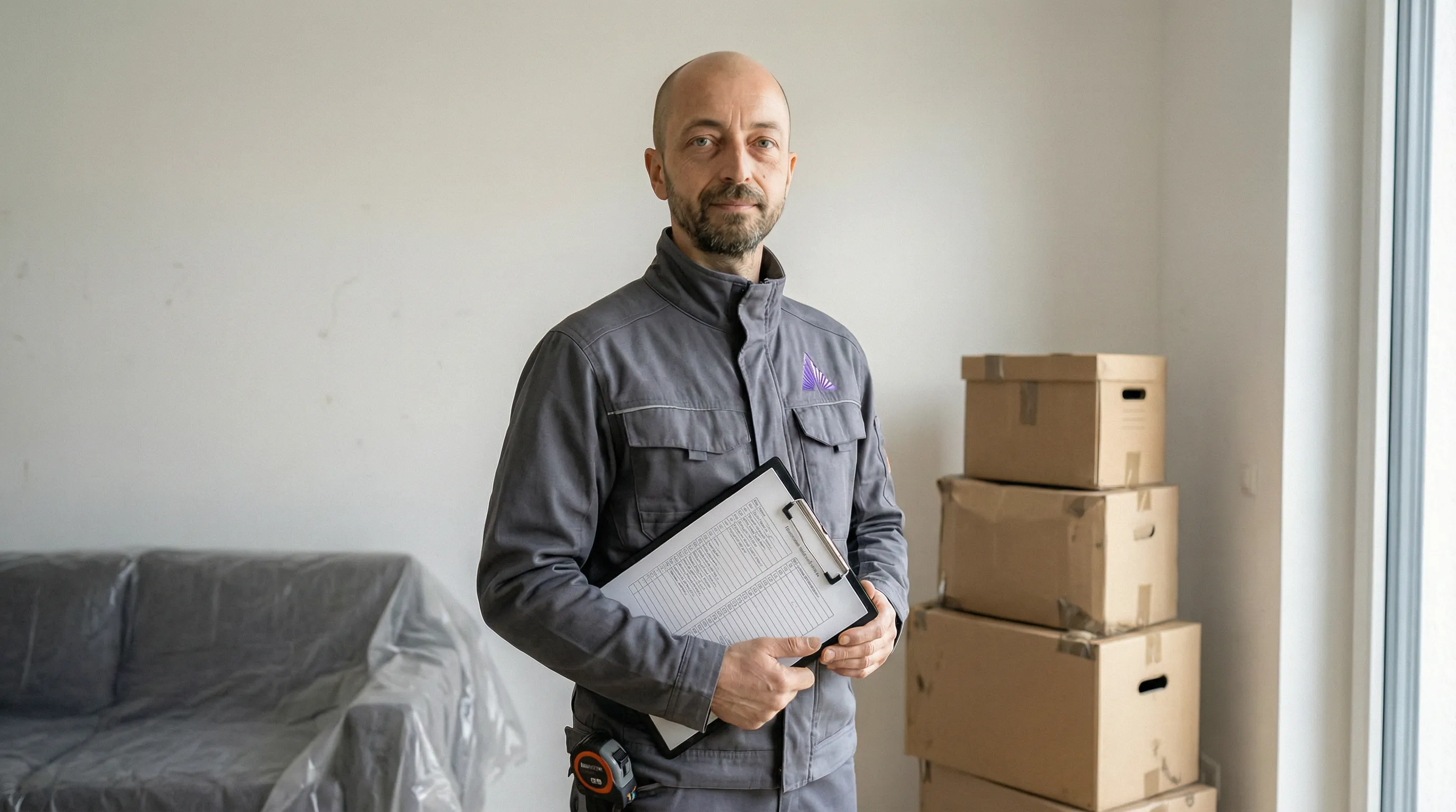 Büro voller Kartons und Möbel während eines Unternehmensumzugs mit Sonnenlicht durch die Fenster.