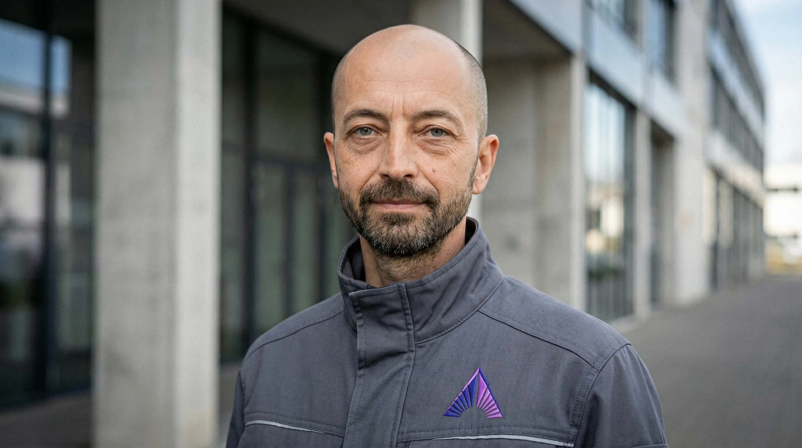 Ein Mann mit kurz geschorenem Haar und Bart trägt ein weißes T-Shirt und sitzt vor einer weißen Wand mit einer großen schwarzen Uhr.