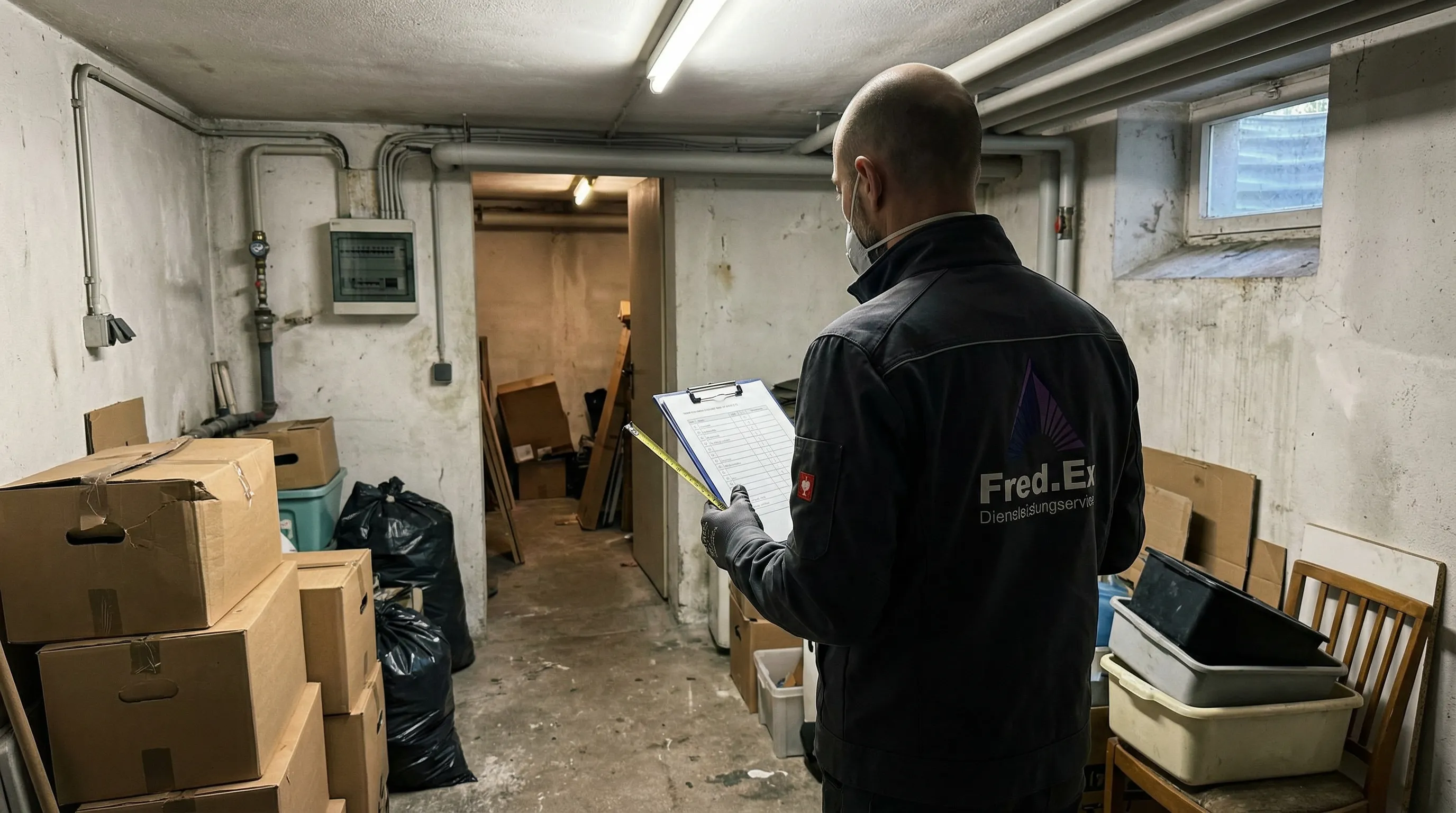 Fred.Ex-Mitarbeiter mit Umzugskartons in einem ausgeräumten Kellergang