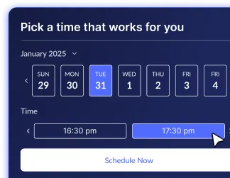 A scheduling panel shows selectable January 2025 dates, available time slots, and a “Schedule Now” button, with 17:30 pm highlighted