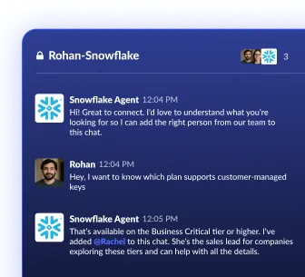 A blue chat window shows a conversation between Rohan and a Snowflake agent about customer-managed keys and supported plans