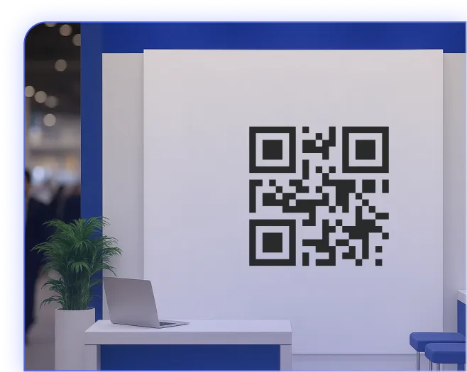 A large QR code displayed on a booth wall, with a laptop and plant nearby
