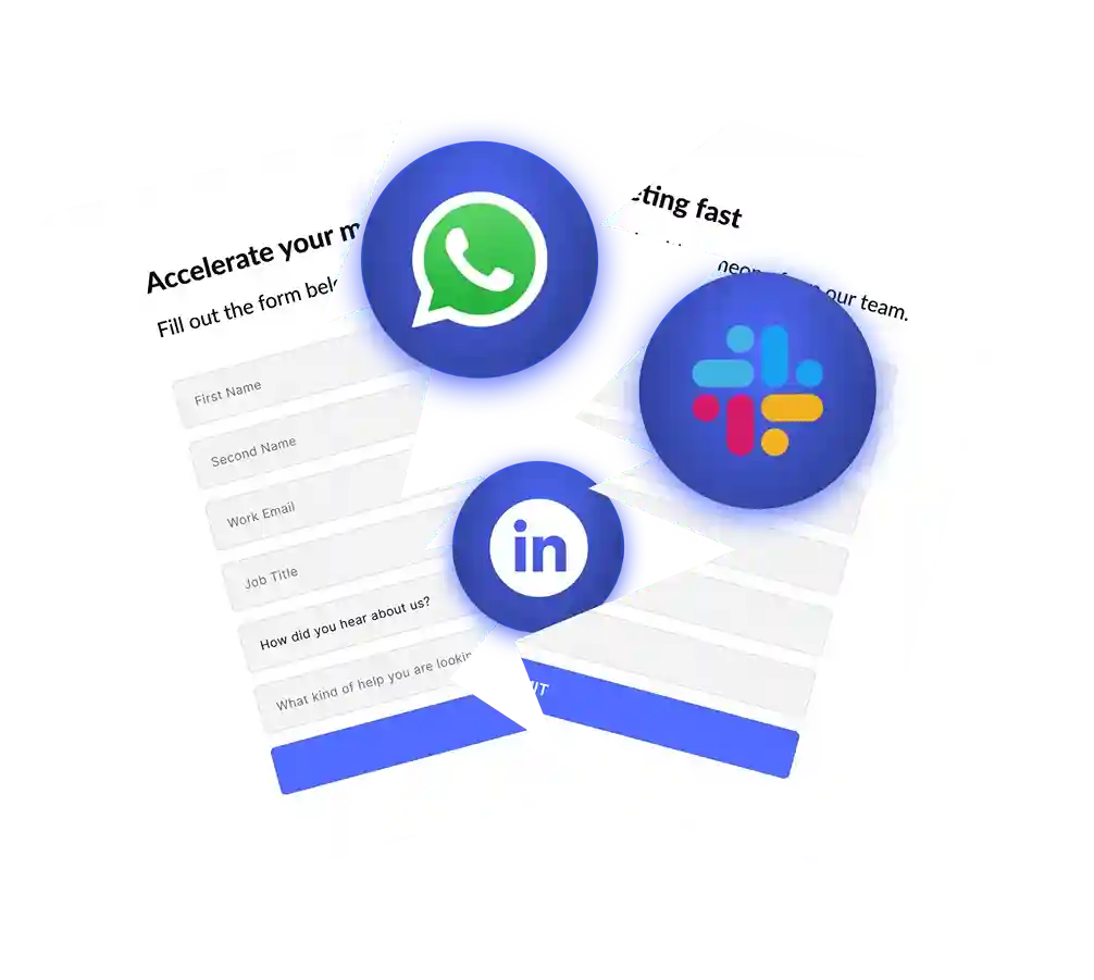 Two overlapping web form sections with fields for first name, second name, work email, job title, and other questions, partially obscured by floating circular icons for WhatsApp, Slack, and LinkedIn.