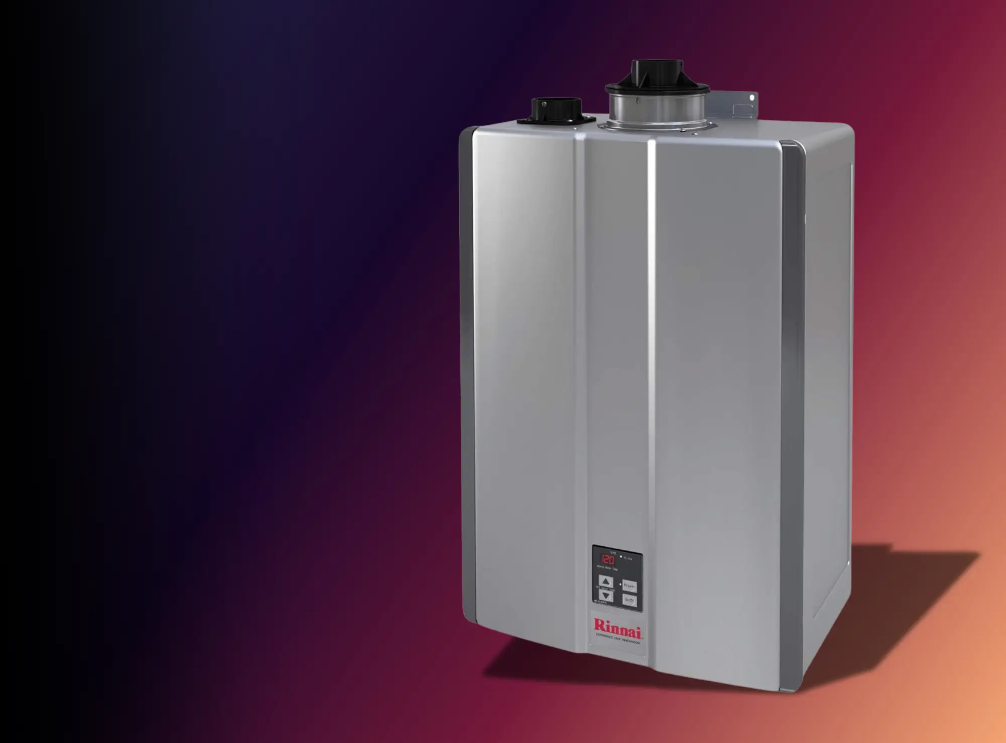A tankless water heater with a gradient background.