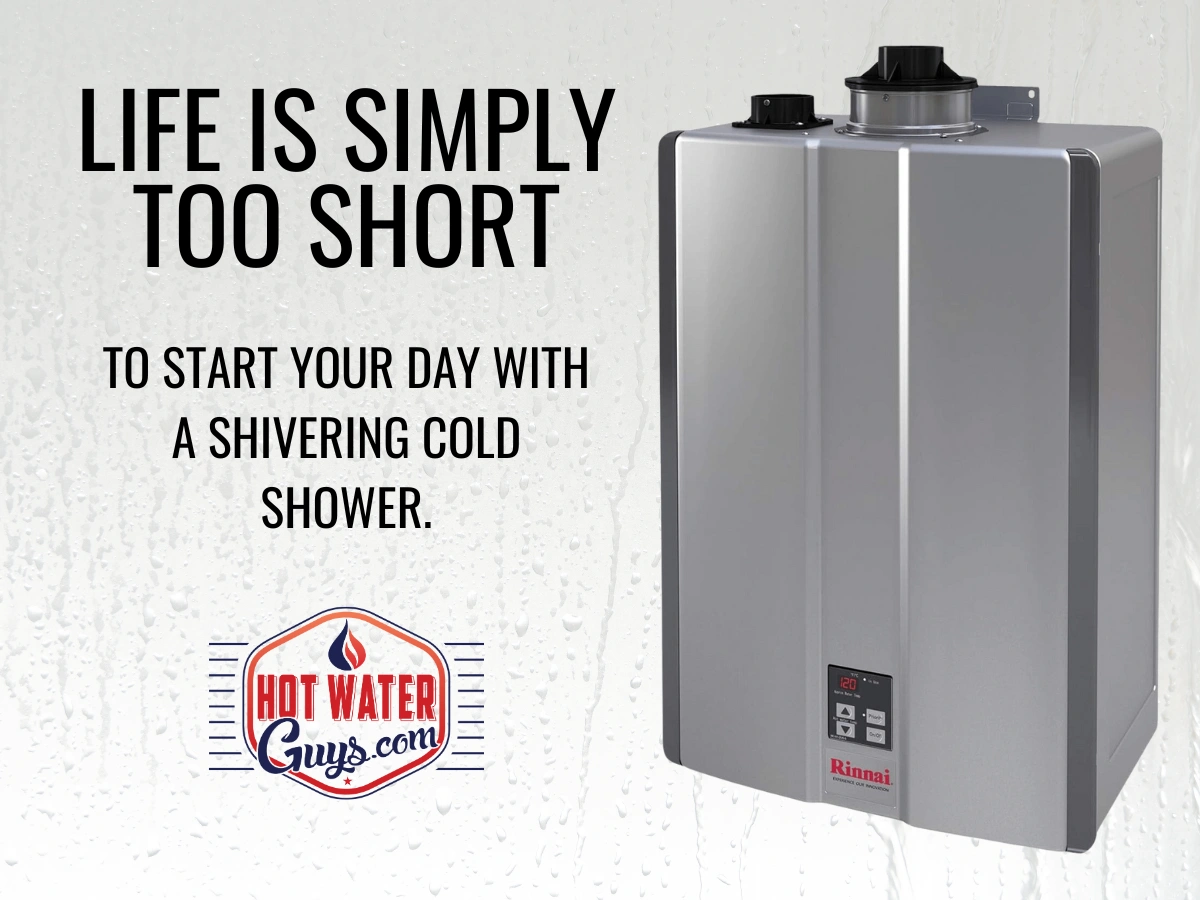 Graphic of a Rinnai tankless water heater with Hot Water Guys logo