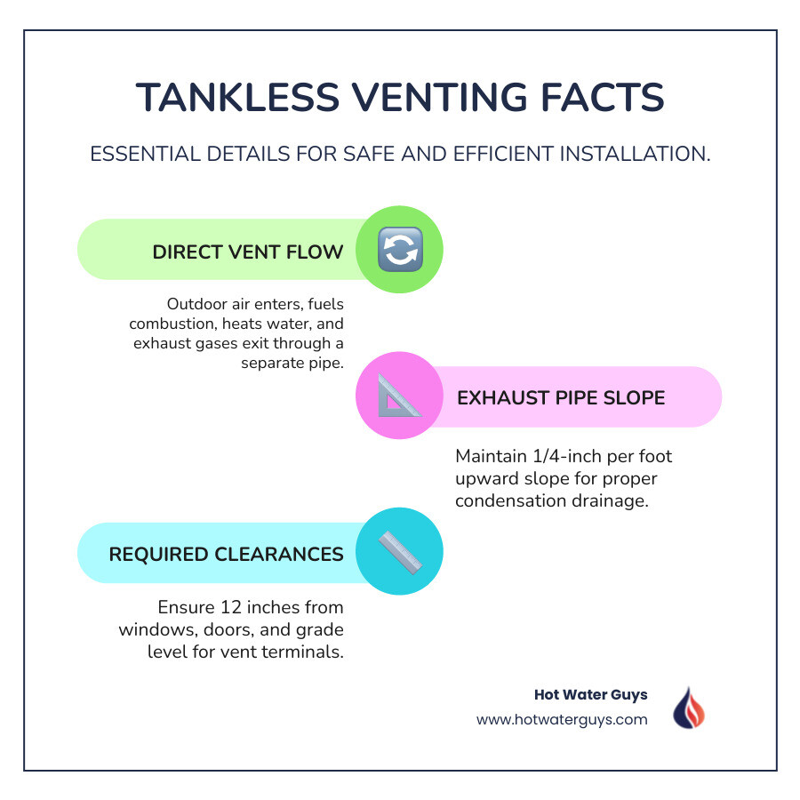 Infographic showing the venting process: outdoor air enters through intake pipe, flows to combustion chamber, heats water, and exhaust gases exit through separate exhaust pipe to outdoors. Includes labeled diagram of direct vent system with intake and exhaust pipes, proper slope requirements of 1/4-inch per foot, and minimum clearance distances of 12 inches from windows/doors and grade level. Color scheme: #ce2026 for exhaust flow, #1e2250 for intake flow, #f27c56 for heater unit, #868A94 for pipes, #111111 for text. - tankless water heater vent installation infographic 4_facts_emoji_grey Infographic showing the venting process: outdoor air enters through intake pipe, flows to combustion chamber, heats water, and exhaust gases exit through separate exhaust pipe to outdoors. Includes labeled diagram of direct vent system with intake and exhaust pipes, proper slope requirements of 1/4-inch per foot, and minimum clearance distances of 12 inches from windows/doors and grade level. Color scheme: #ce2026 for exhaust flow, #1e2250 for intake flow, #f27c56 for heater unit, #868A94 for pipes, #111111 for text. - tankless water heater vent installation infographic 4_facts_emoji_grey