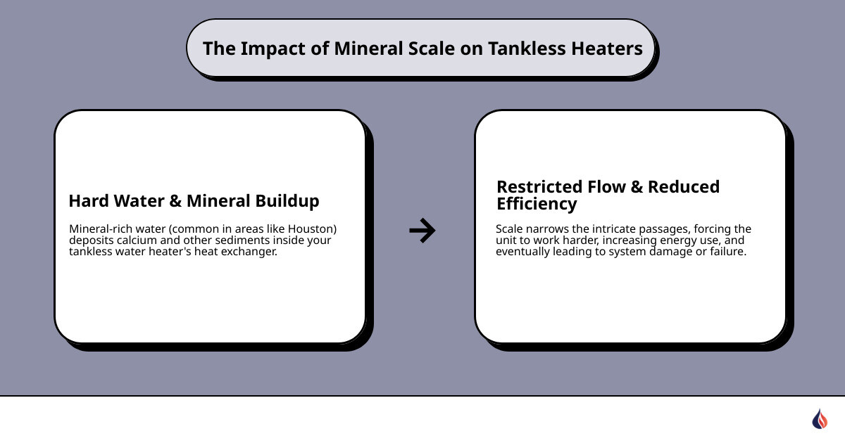 infographic showing mineral scale progression inside a tankless water heater's heat exchanger and restricts flow - tankless water heater cleaning pump infographic cause_effect_text