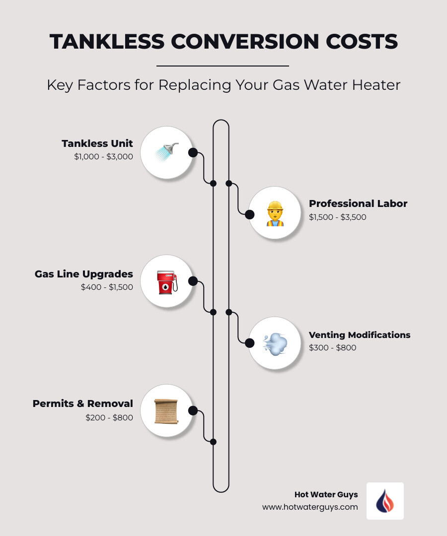 Infographic showing tankless conversion cost breakdown: Unit $1,000-$3,000, Labor $1,500-$3,500, Gas Line Upgrades $400-$1,500, Venting $300-$800, Permits $100-$300, Removal $100-$500, with color-coded bars in #ce2026, #1e2250, #f27c56, #868A94, and #111111 - cost to replace gas water heater with tankless infographic infographic-line-5-steps-elegant_beige