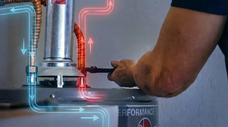 Technician servicing the burner assembly on a tank water heater