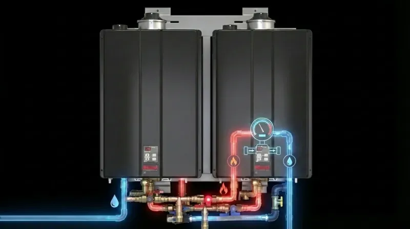 Dual tankless water heater system with manifold piping
