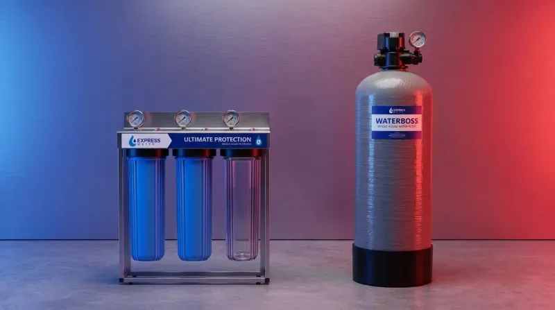 Whole-house water filtration system with sediment and carbon stages