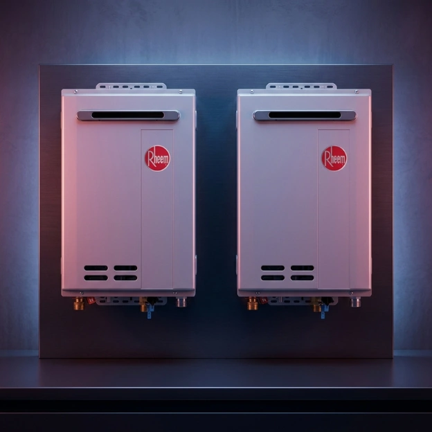 a picture of two water heaters with the hot water guys logo