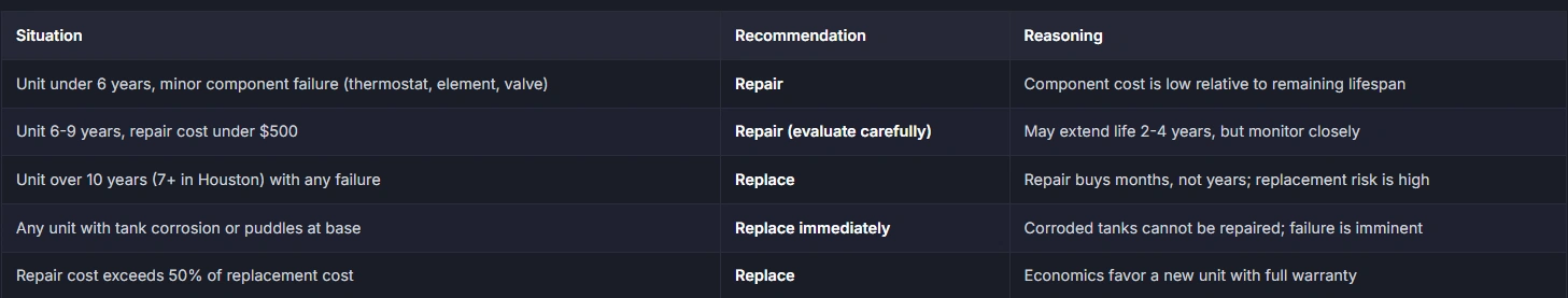Comparison table for water heater repair vs. replacement based on unit age, repair costs, and tank corrosion.