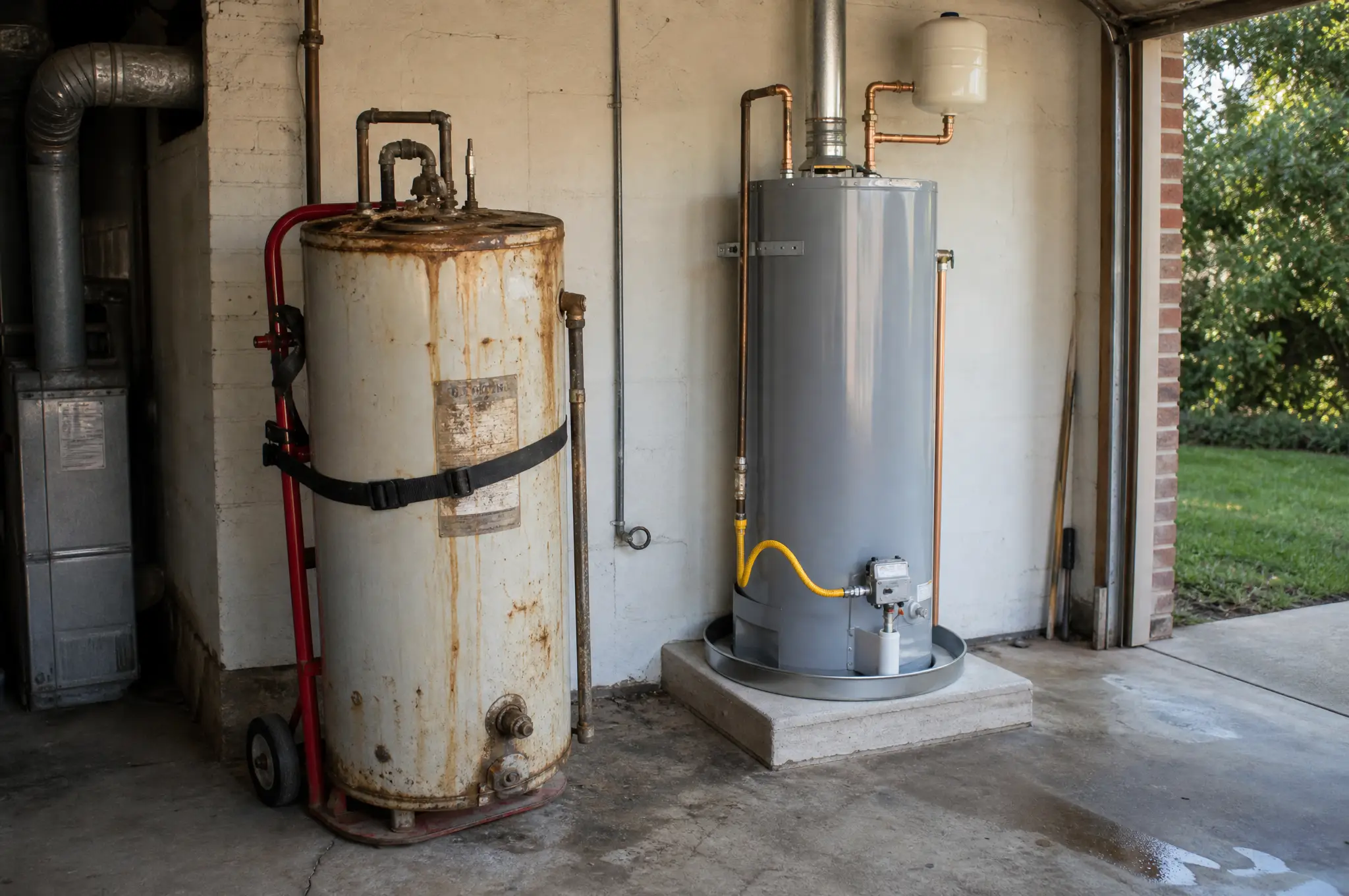 Old corroded tank water heater hauled out beside its new replacement unit during a Houston water heater replacement