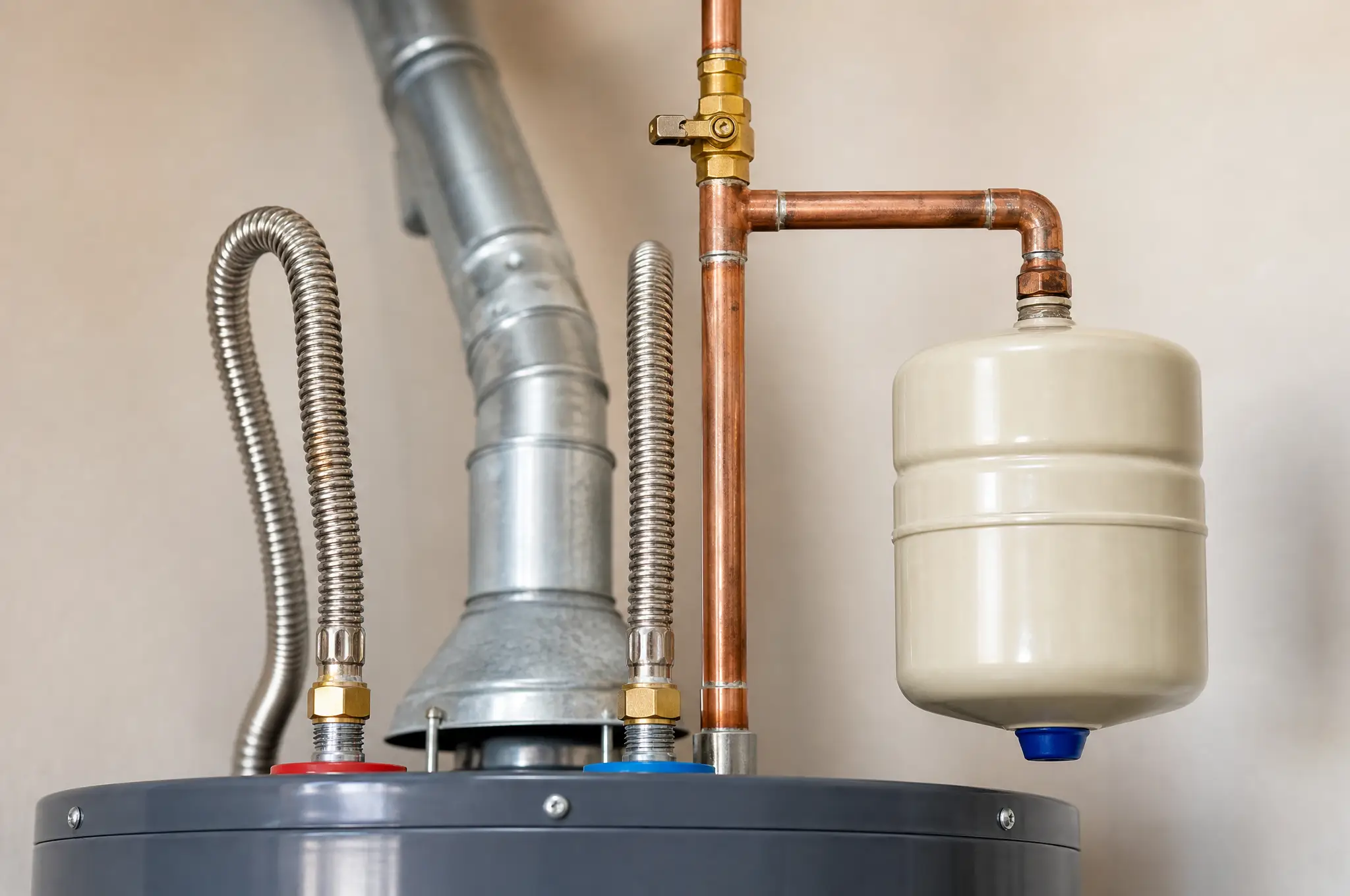 Code-compliant water heater replacement detail showing expansion tank, brass shutoff valve, and stainless connectors