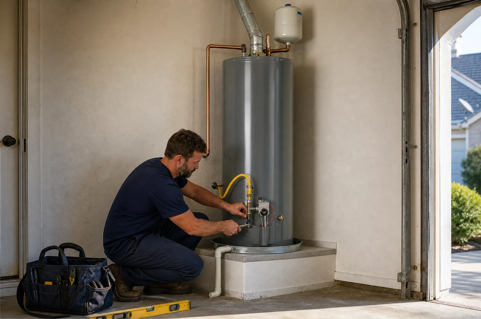 Licensed Hot Water Guys plumber completing a same-day tank water heater replacement in a Houston garage