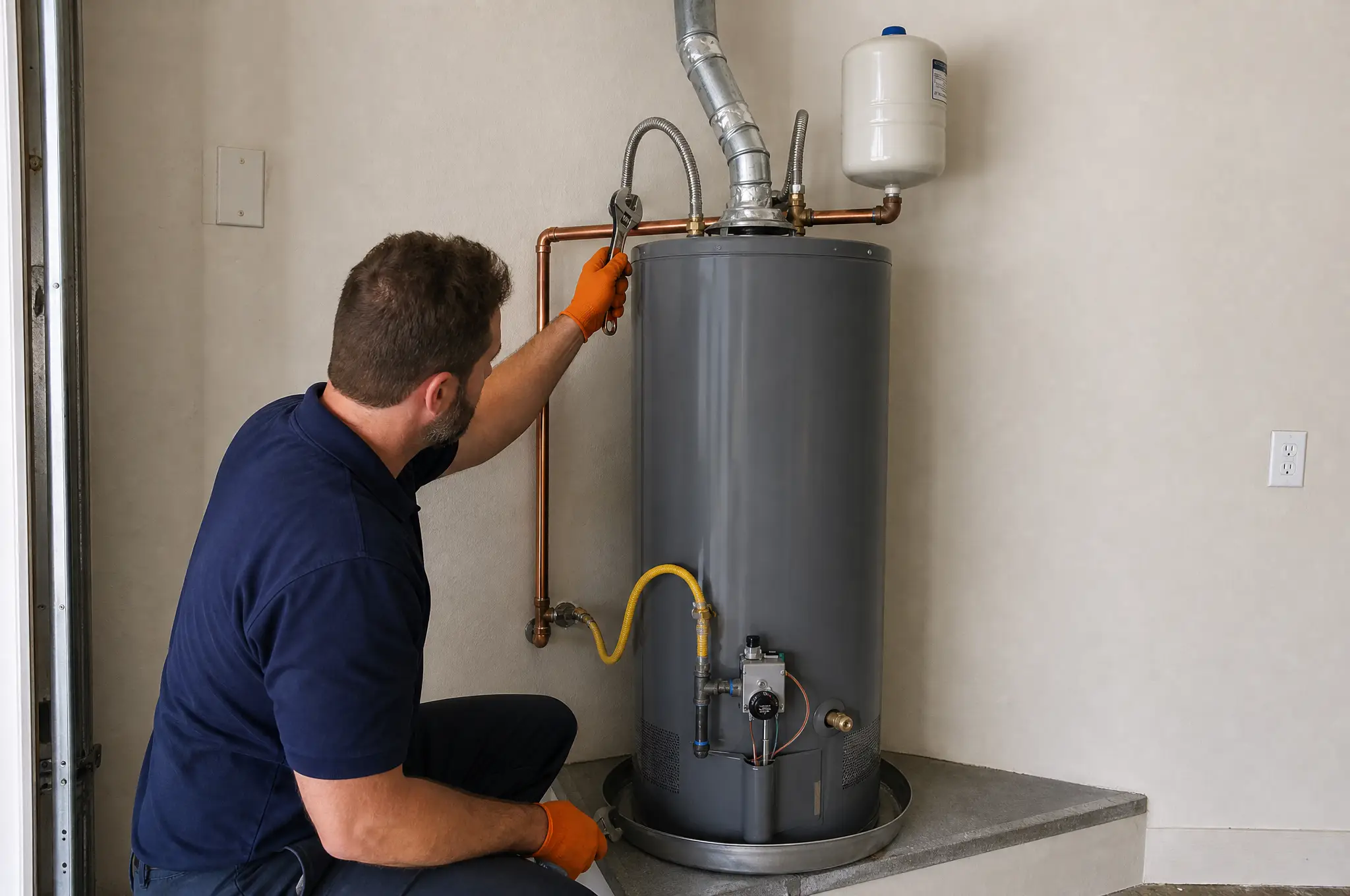 Hot Water Guys technician connecting copper water lines during a water heater installation in a Houston home