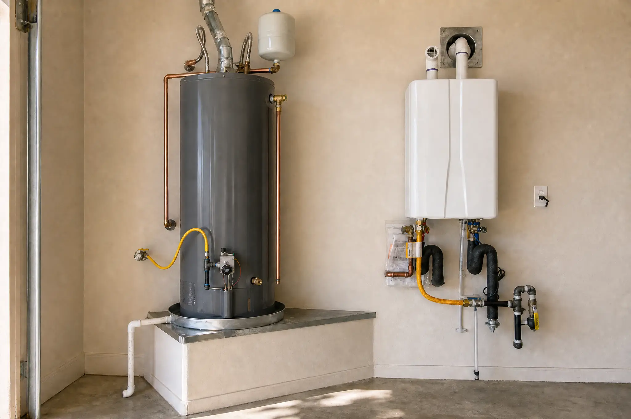 Tank and tankless water heater options installed side by side for a Houston water heater installation