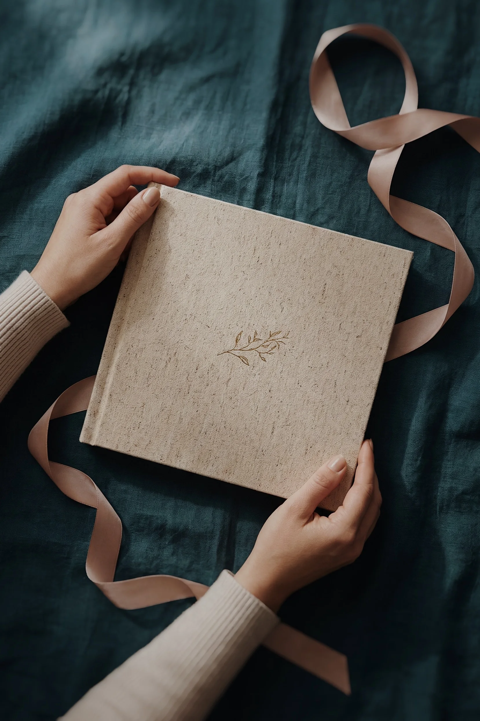 Linen photo album held in two hands