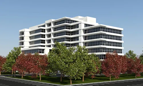 An artist's rendering of an office building in a parking lot.