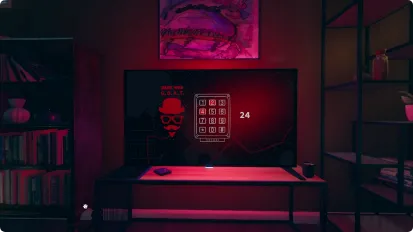 A dark room with a red light on the television.