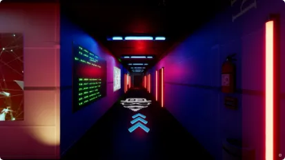 A long hallway with neon lights and a picture on the wall.