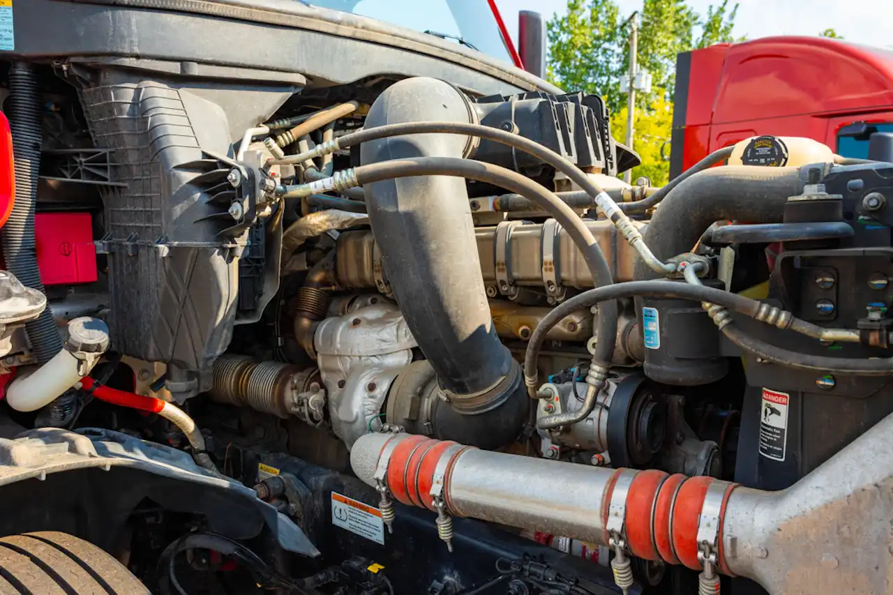 PACCAR heavy-duty engine bay with turbo, intake piping, coolant reservoir, and a visible “DANGER” label.