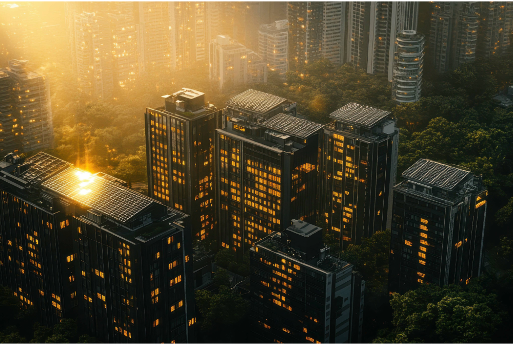 High rise buildings with solar panels on top