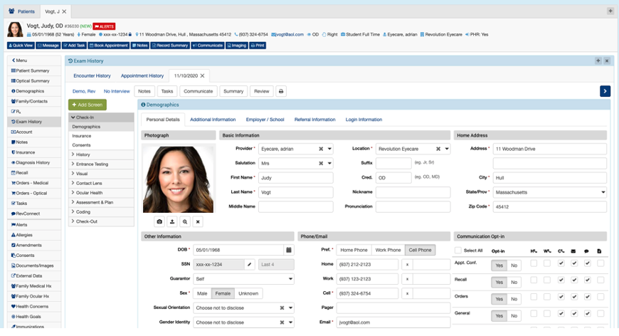 optometry patient electronic health record example screen