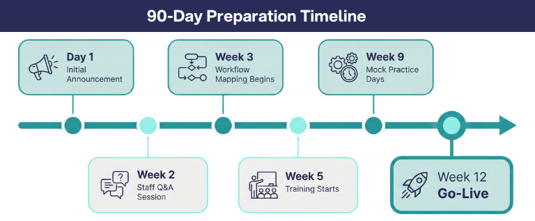 90-Day Preparation Timeline for a new EHR Go-Live.
