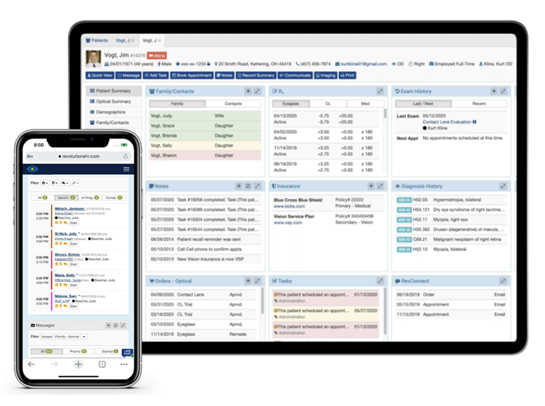 RevolutionEHR patient record interface on desktop and mobile.