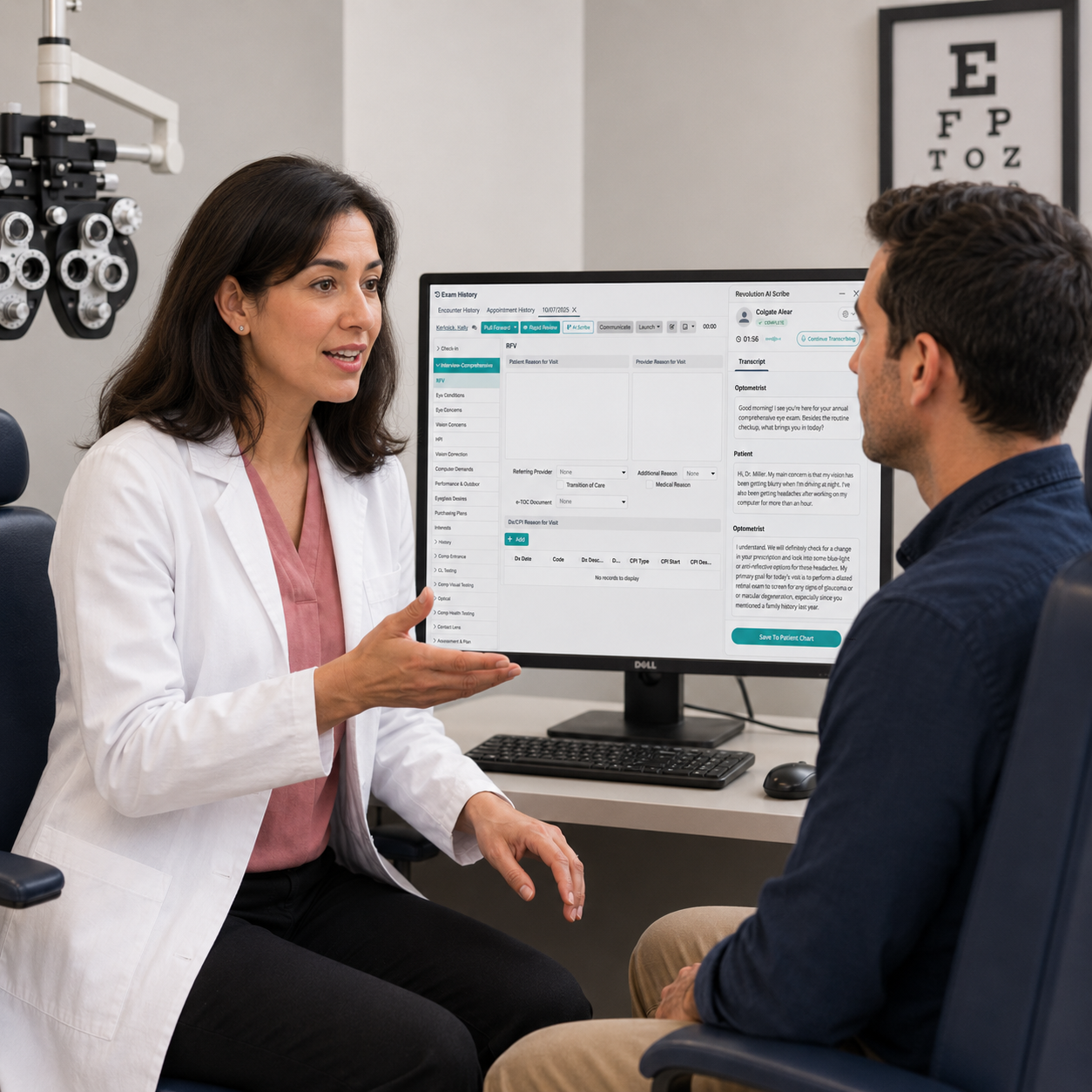 AI Scribe captures exam details from optometrist's conversation with a patient
