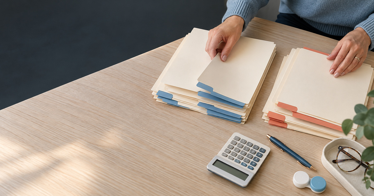 Office staff sorting paperwork beside a calculator while reviewing accounts receivable.