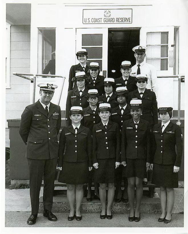 Coast Guard crew on the steps of the 1932 seaplane hangar that is now the Shake-A-Leg Miami headquarters
