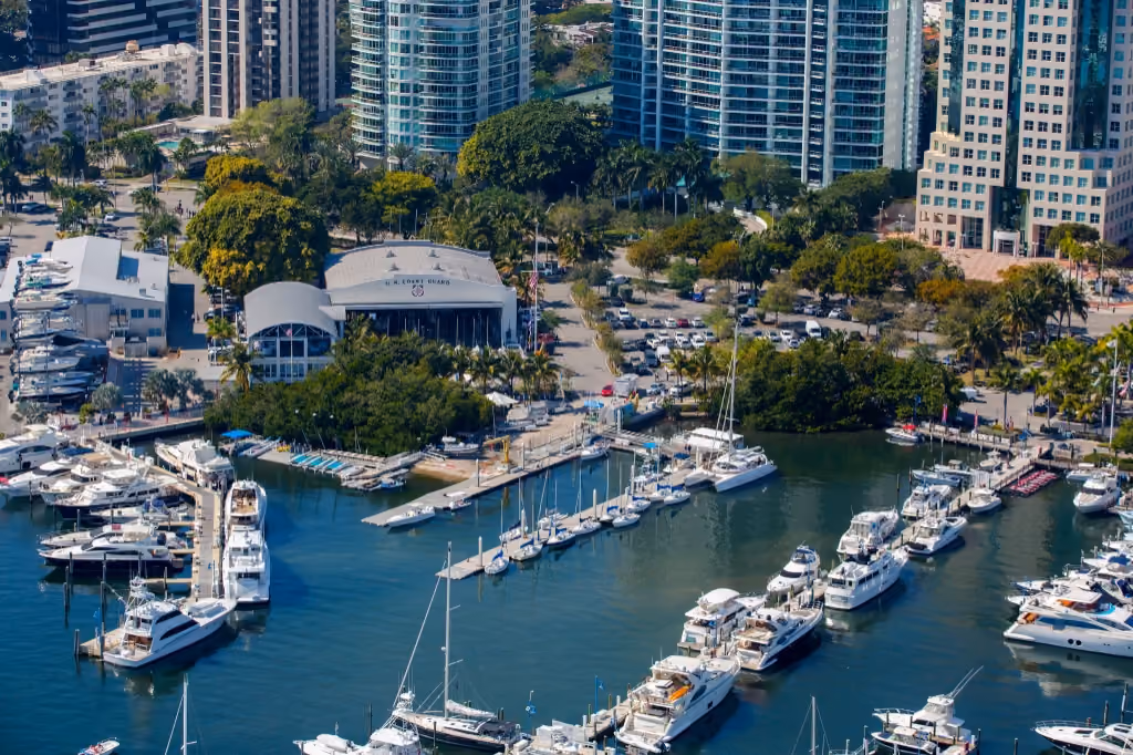 Aerial view of the Shake-A-Leg Miami marina with the Miami skyline behind it