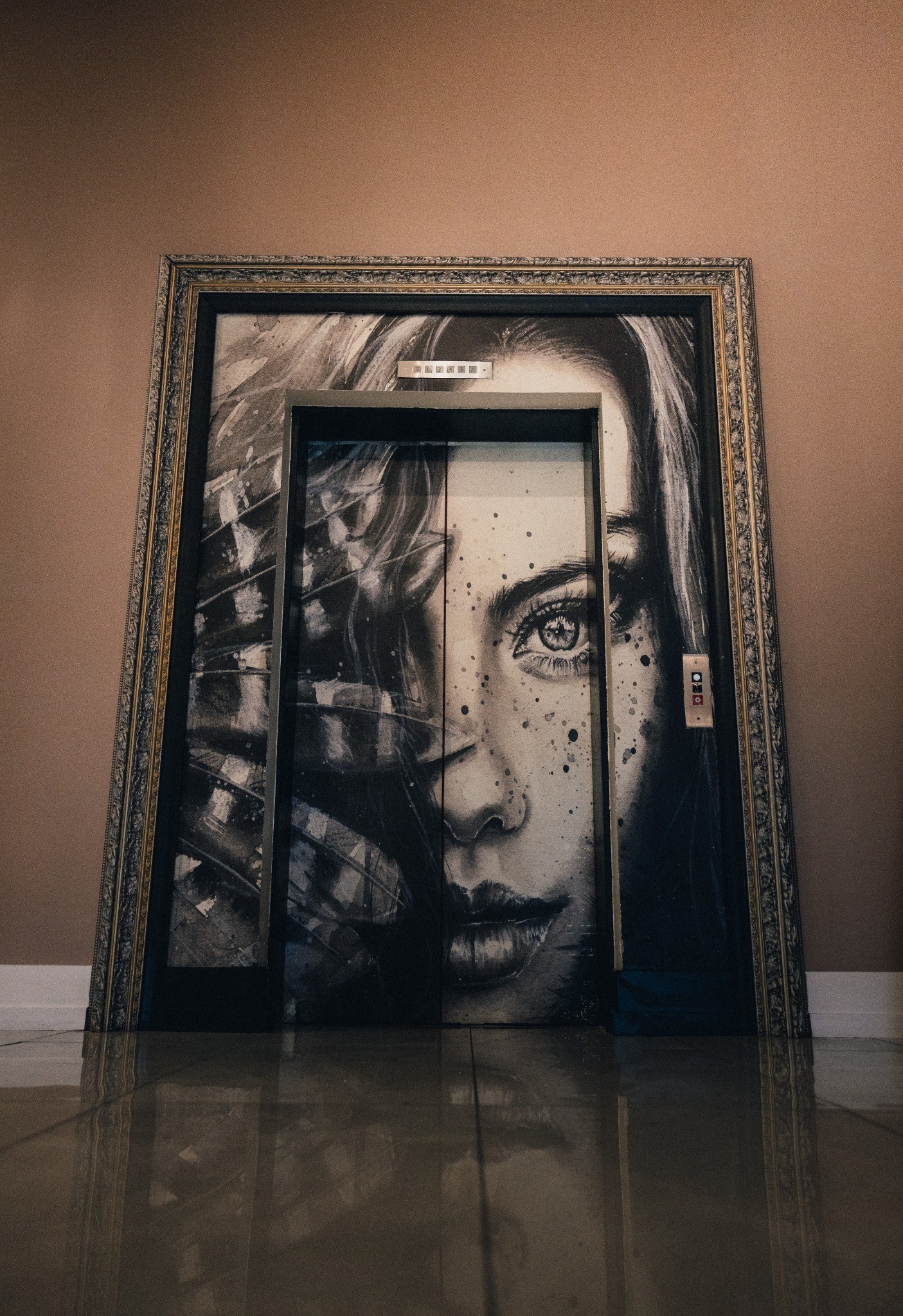 Art-covered elevator doors