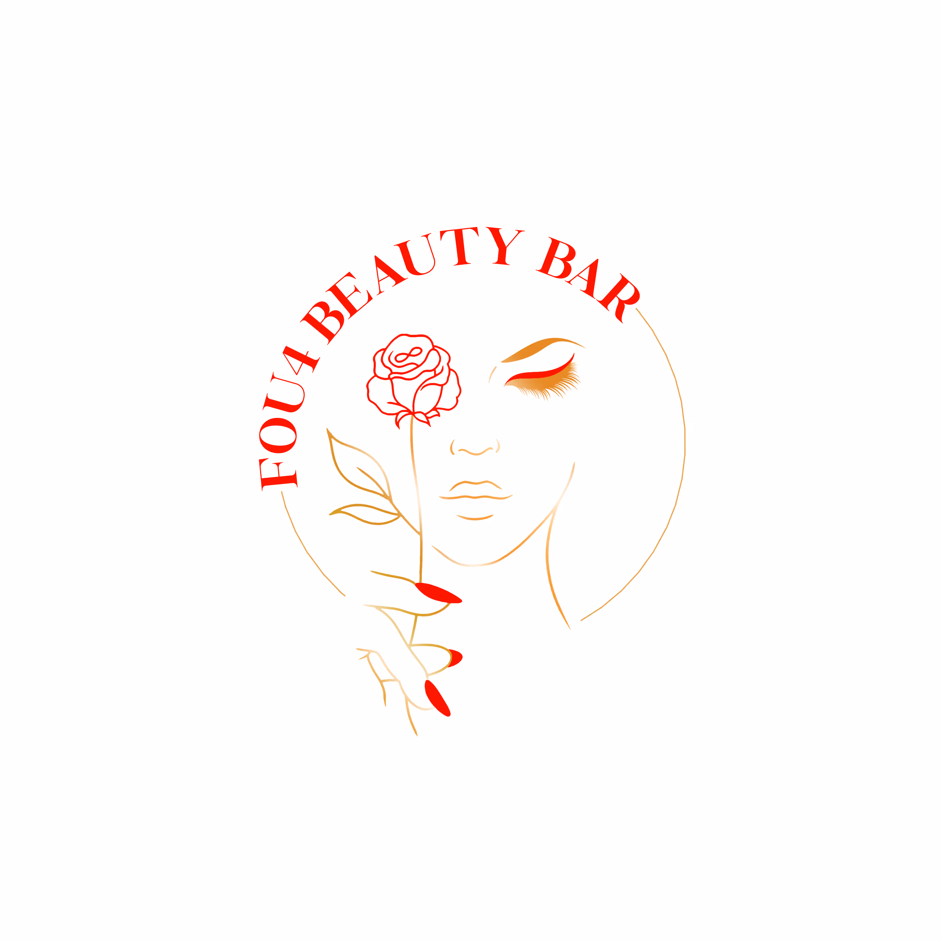 Logo for Fou4 Beauty Bar featuring a minimalistic line drawing of a woman's face with a rose, accompanied by text in red that reads "FOU4 BEAUTY BAR." The design emphasizes beauty and elegance.