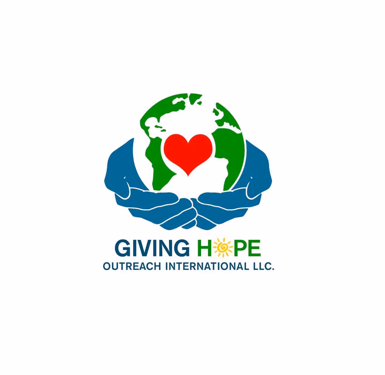 A logo featuring a green and blue globe with a red heart at the center, supported by two blue hands. Below the emblem, the text reads 'GIVING HOPE OUTREACH INTERNATIONAL LLC.' representing a mission of compassion and global outreach.