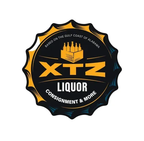 A circular logo for XTZ liquor, featuring a bottle icon and the text 'XTZ LIQUOR CONSIGNMENT & MORE', surrounded by a decorative border. The logo emphasizes its Gulf Coast origins.