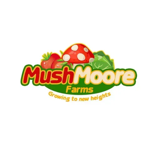 Logo of MushMoore Farms featuring a red mushroom, tomatoes, and leafy greens. The text reads 'MushMoore Farms' with the slogan 'Growing to new heights' below. The design reflects a vibrant agricultural theme.