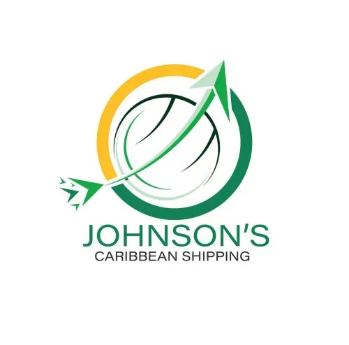 Logo for Johnson's Caribbean Shipping featuring a stylized arrow curving around a circular shape in green and yellow, with the text 'JOHNSON'S CARIBBEAN SHIPPING' displayed below.