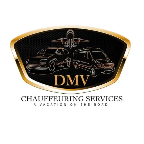 A logo featuring a stylized depiction of a car and a van, with an airplane above. The text reads 'DMV CHAUFFEURING SERVICES A VACATION ON THE ROAD'. The design incorporates gold and black colors, emphasizing luxury transportation services.