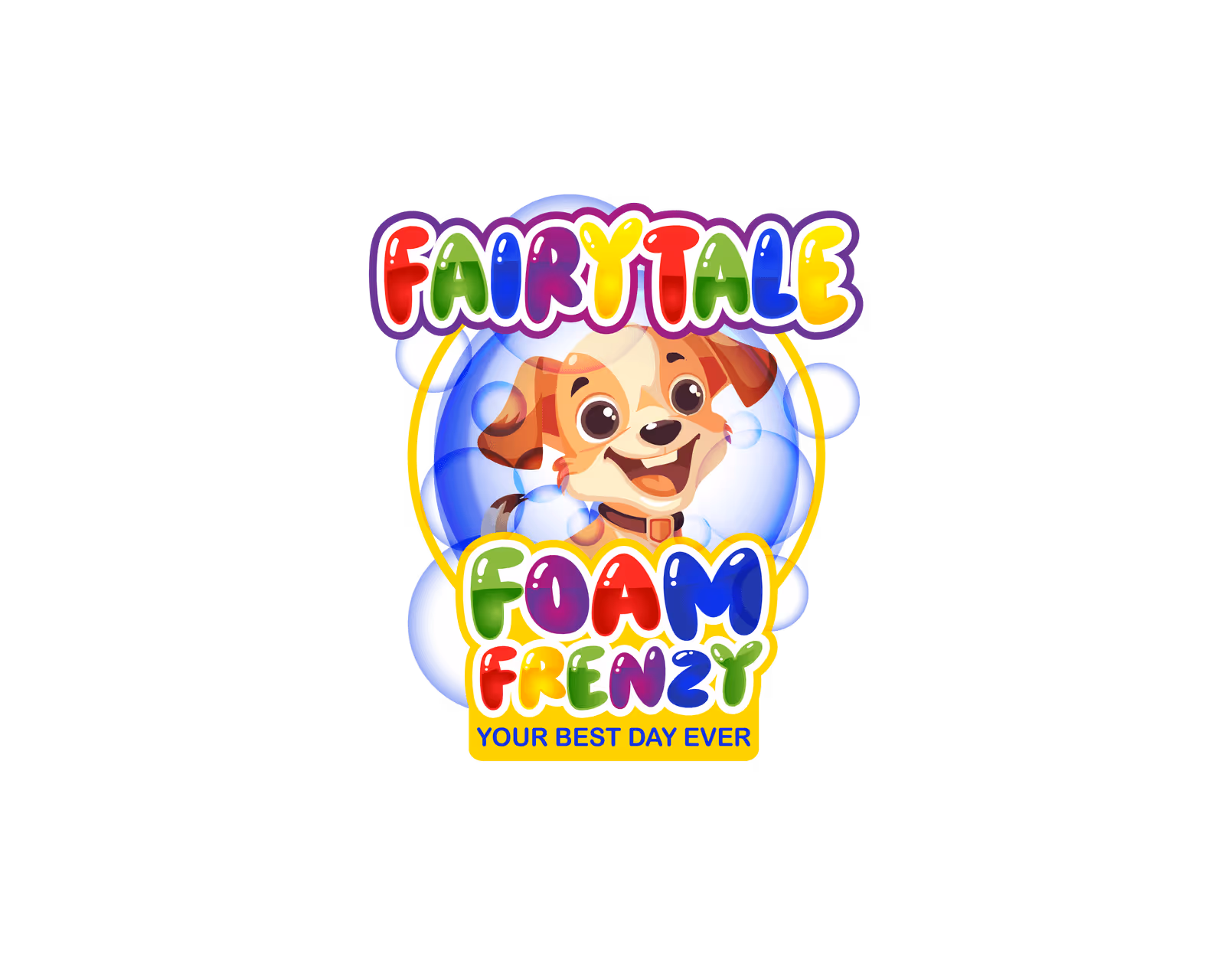 A colorful logo featuring a cartoon dog character in a bubble, with the text 'FAIRYTALE FOAM FRENZY' and the tagline 'YOUR BEST DAY EVER' below. The logo is vibrant and playful, appealing to a children's event or product.