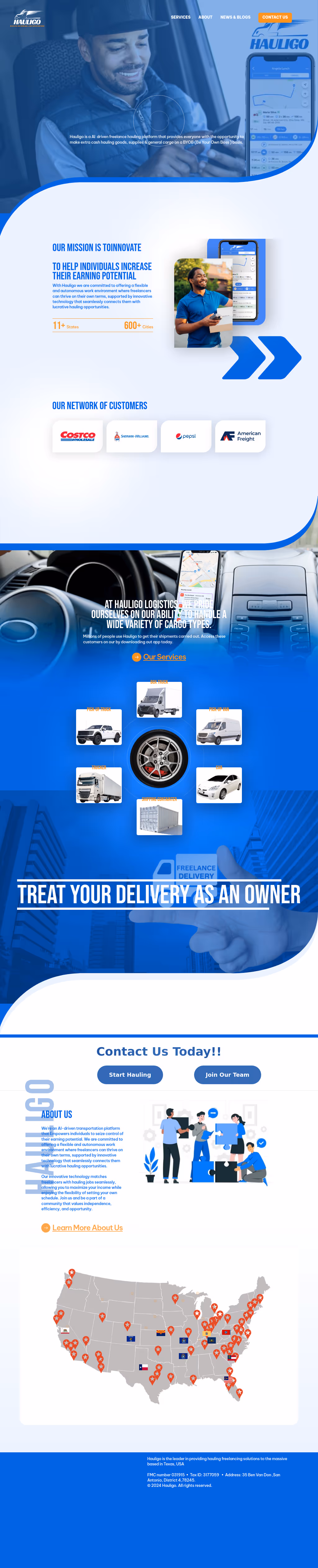 An infographic highlighting delivery services with sections displaying various features, a map of the U.S. indicating delivery locations, and a motivational message encouraging delivery drivers. The design uses blue tones, emphasizing modern web aesthetics associated with San Antonio web design.