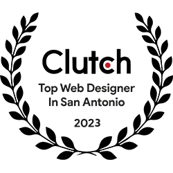 A logo featuring a stylized blue flame above a triangular design with five stars. Below the logo is a blue ribbon with the text 'DESIGNRUSH.com.' Represents a web design or digital marketing agency, potentially linked to San Antonio web design services.