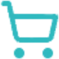 Simple turquoise shopping cart icon with basket and wheels.