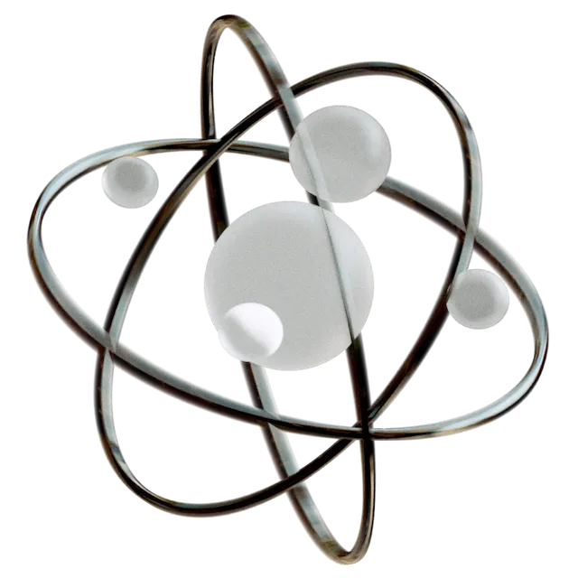 Glass balls floating in space surrounded by atom-like metal wire structure.